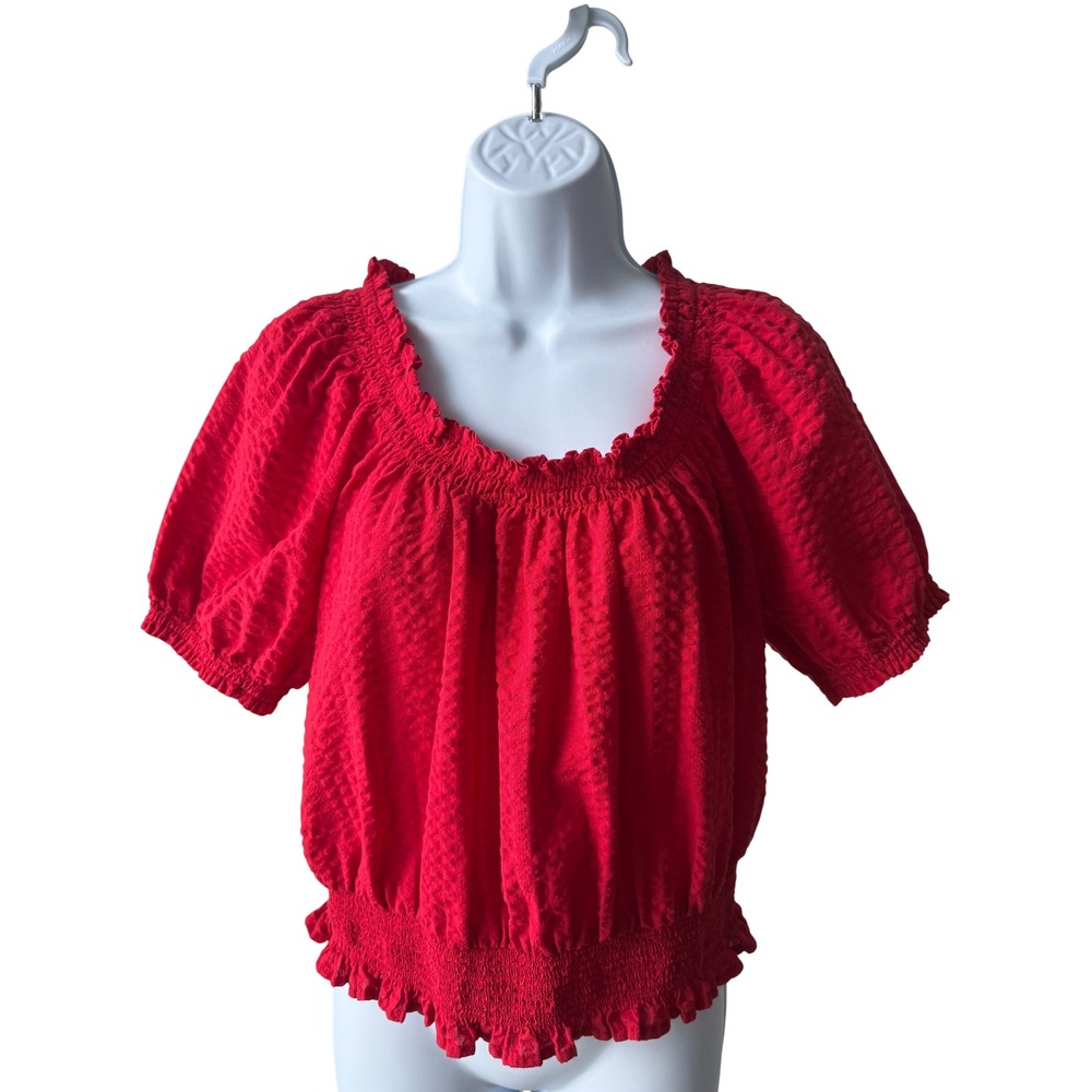 Old Navy Smocked Textured Short Sleeve Cropped Blouse Red Medium